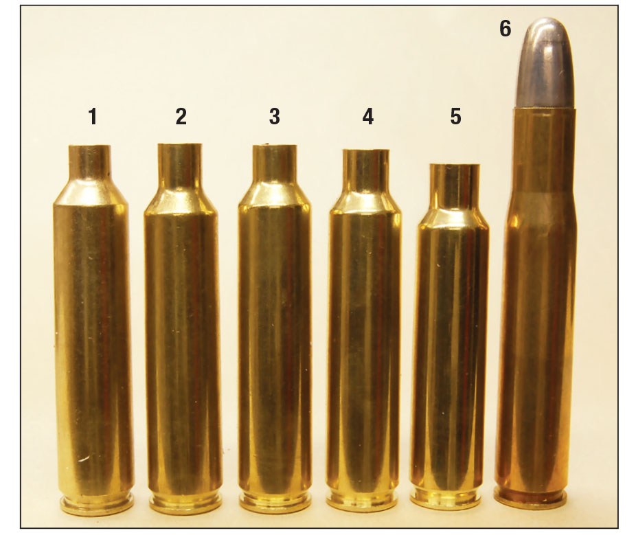 The five Nosler cartridges eventually formed from the 404 Jeffery: (1) 26 Nosler, (2) 27 Nosler, (3) 28 Nosler, (4) 30 Nosler, (5) 33 Nosler and (6 ) 404 Jeffery. Slight shoulder and neck length differences are to prevent other rounds from entering Nosler chambers.